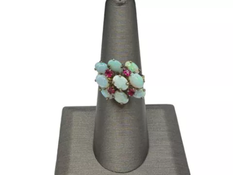 Vintage 14k Yellow Gold Cabochon Opal & Ruby Ring