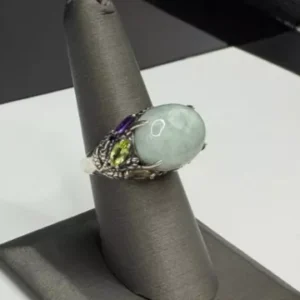 Sterling Silver Green Jade Cabochon Ring w/ Amethysts, Peridots and Citrines