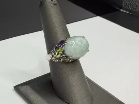 Sterling Silver Green Jade Cabochon Ring w/ Amethysts, Peridots and Citrines